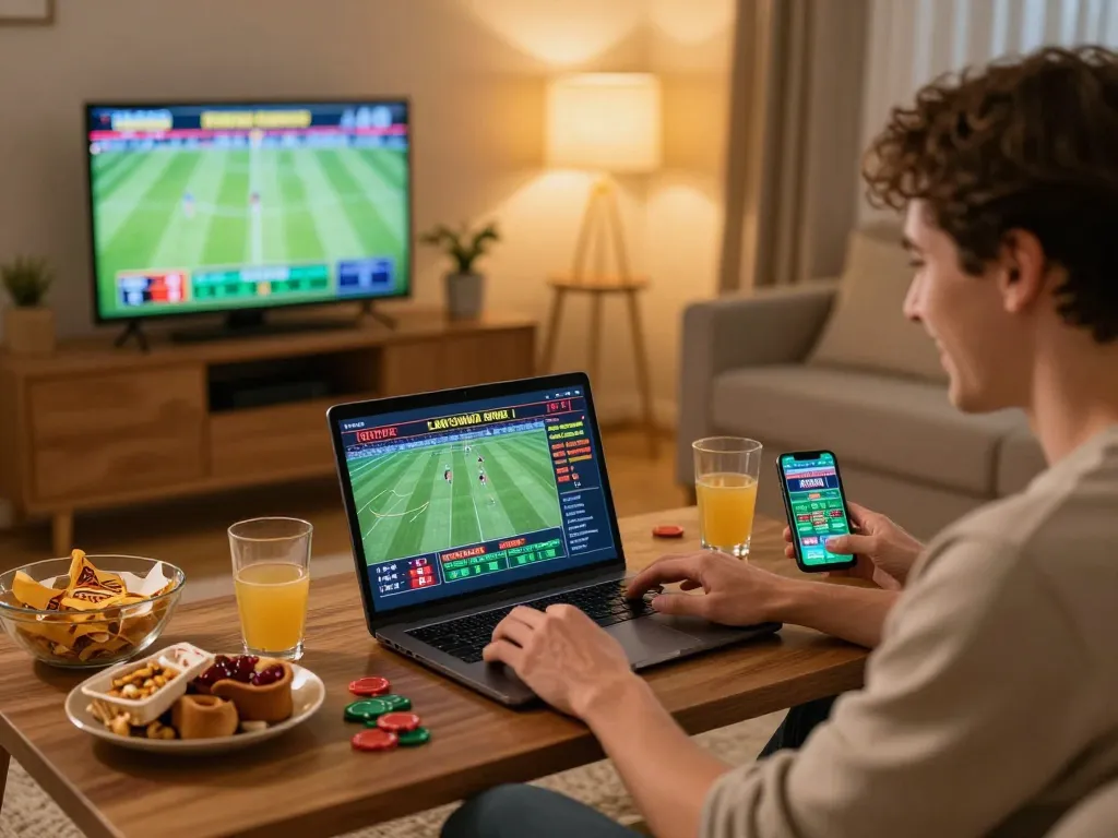 Person engaging in keonhacai online sports betting from home with laptop and smartphone.