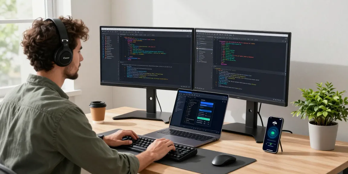 快连 developer enhancing connection speeds in a modern workspace filled with tech gadgets.