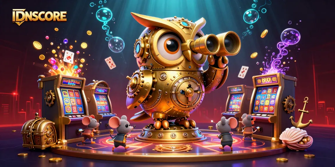 Engage in the vibrant gaming world with IDNSCORE’s animated characters like a clockwork owl amid bustling slot machines.