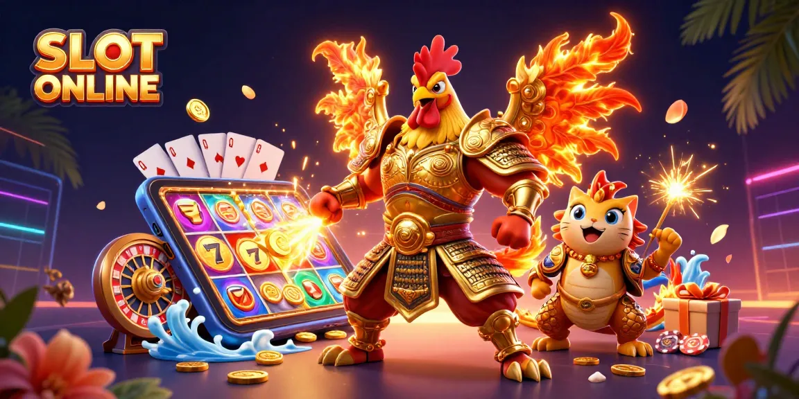 SLOT ONLINE game elements with a fighting rooster and armored dragon in a vibrant casino illustration