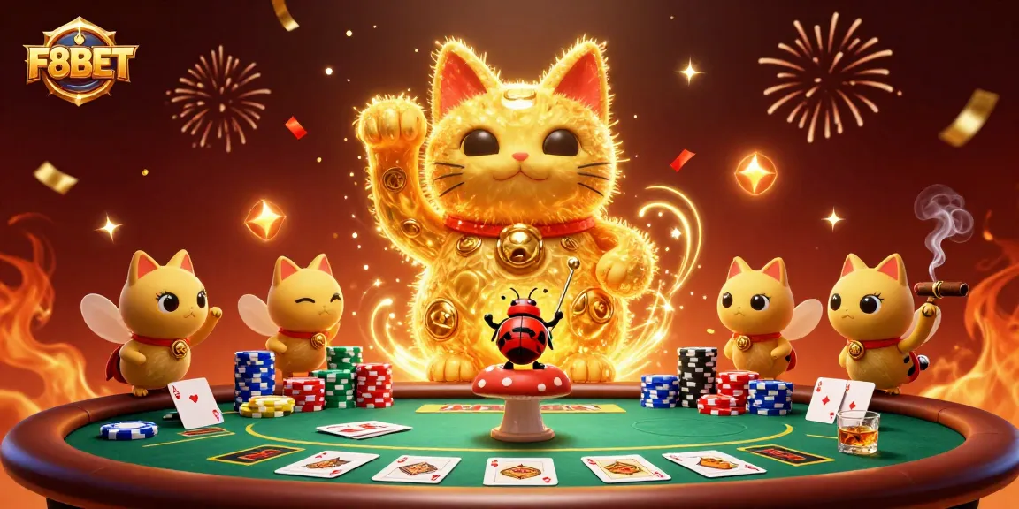 Experience the thrill with F8BET's vibrant casino-themed illustration alive with excitement and gaming elements.