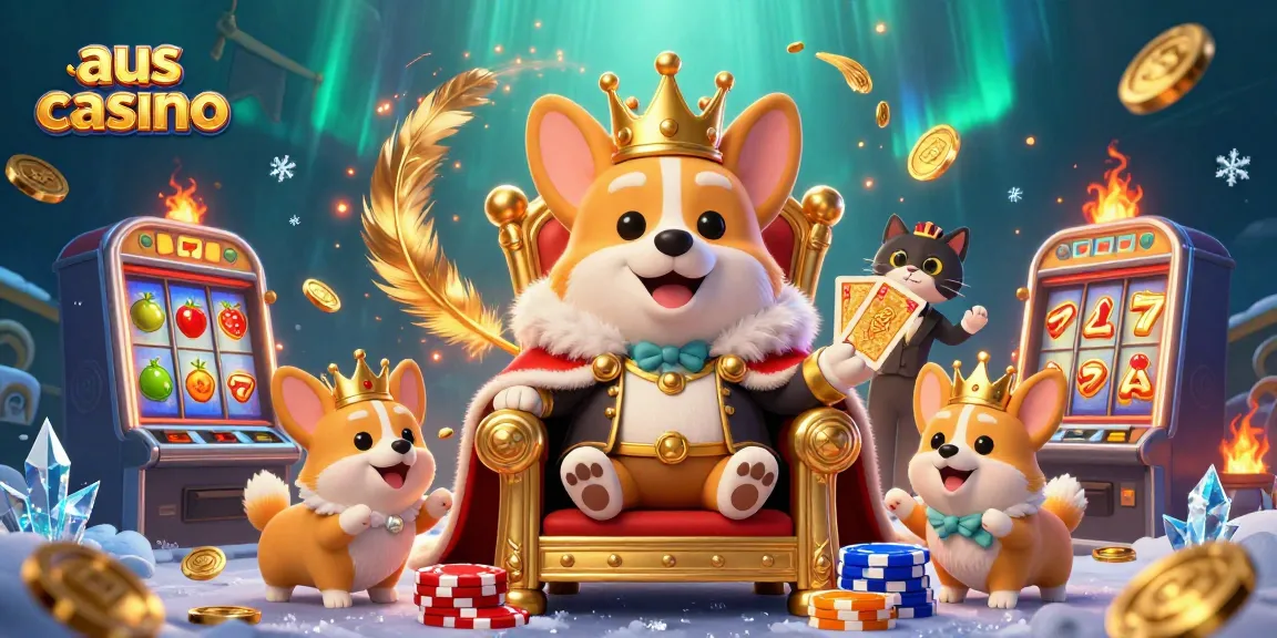 Experience the excitement of aus casino with a regal corgi on a throne of poker chips.