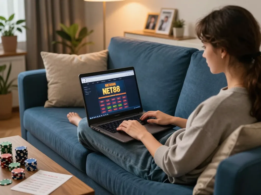 Engaging in Đăng nhập NET88 at home with laptop, chips, and betting notes.