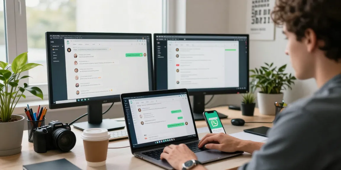 Person using WhatsApp網頁版 on laptop in a modern workspace, promoting digital communication.