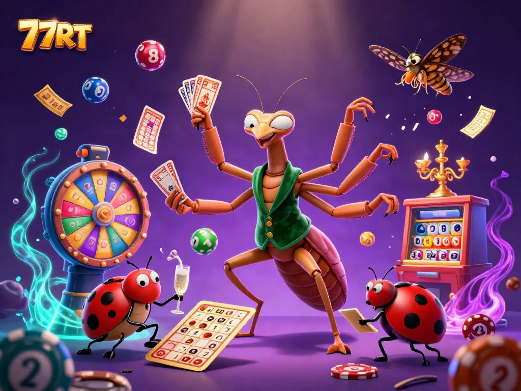 77RT giant praying mantis card sharp engaging in a colorful online casino atmosphere with dynamic lottery elements.