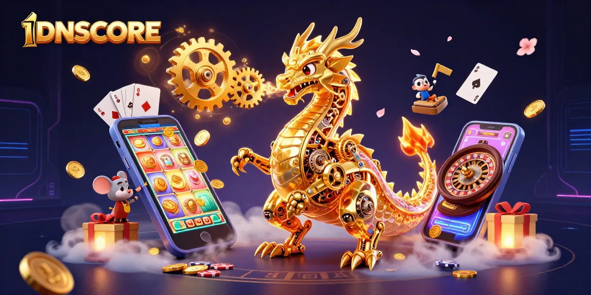 Engage with IDNSCORE's vibrant slot experience featuring cartoon dragon, golden gears, and exciting game elements.