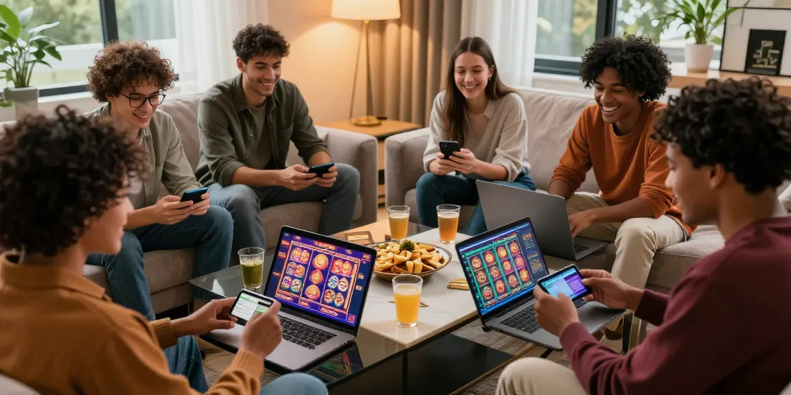Friends enjoying gaming night at home using casinos that take credit cards with vibrant games and drinks