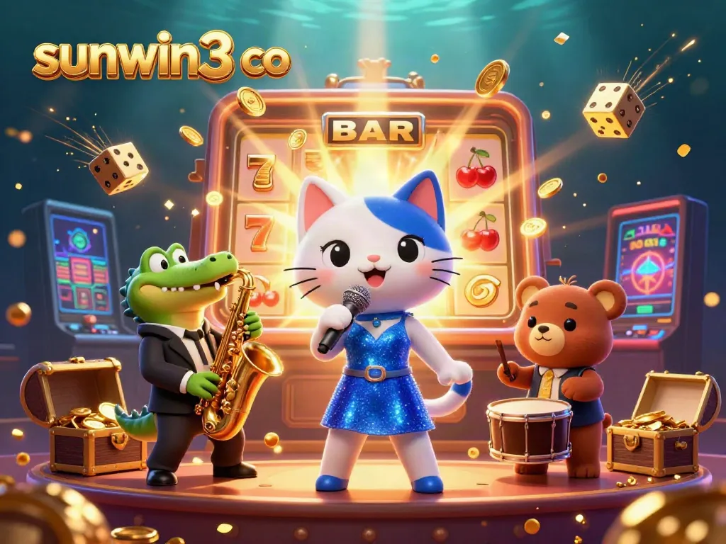 Jazz-singer cat, saxophone crocodile, and drum bear in a vibrant casino scene at sunwin3 co.