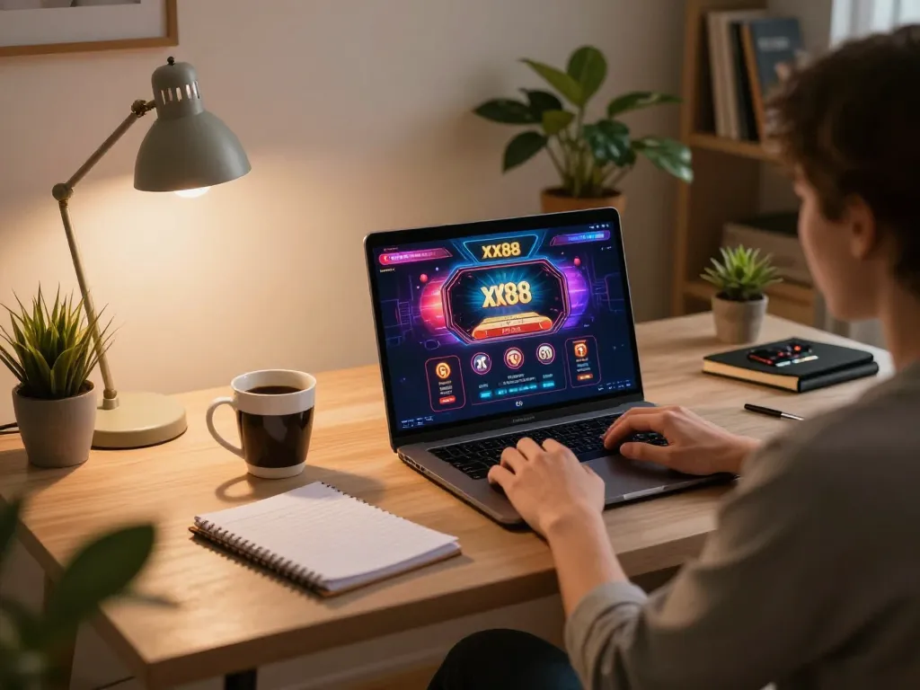 Engaging in online gaming on xx88, showcasing a stylish setup with laptop and notes