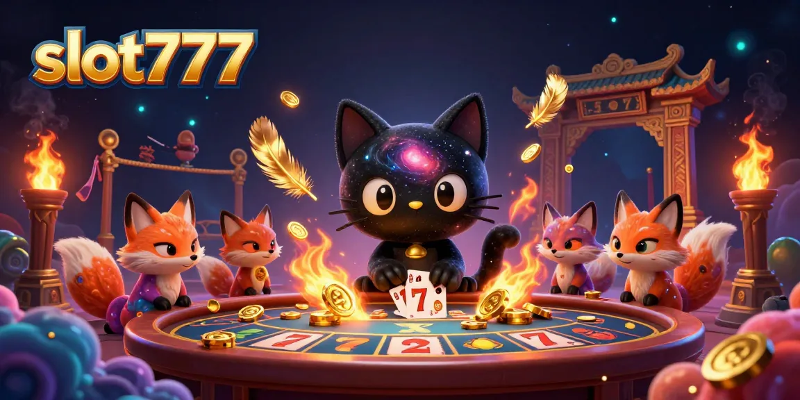Engage in the slot777 universe with a 3D rendering of a black hole cat captivating gaming tokens at a cosmic table.