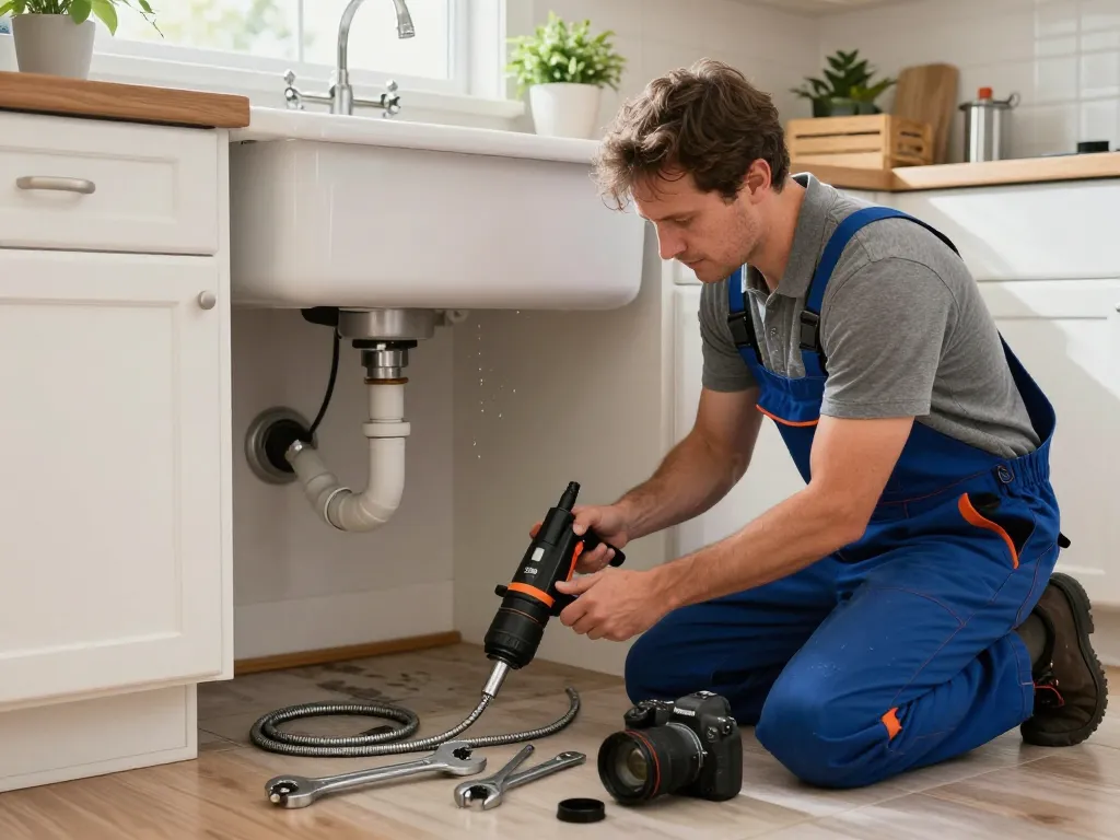 Professional plumber performing sewer repair in Valparaiso IN with inspection tools and modern kitchen decor.