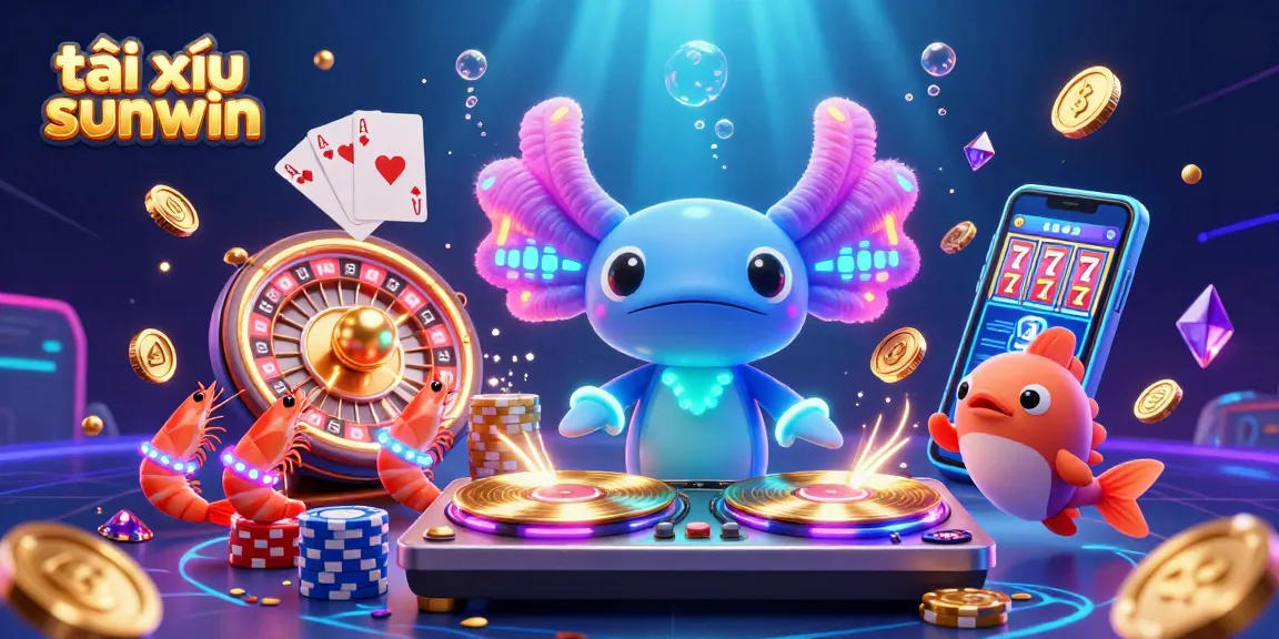 Experience the excitement of tài xỉu sunwin with a vibrant 3D illustration featuring a neon axolotl DJ amidst a dazzling underwater casino scene.