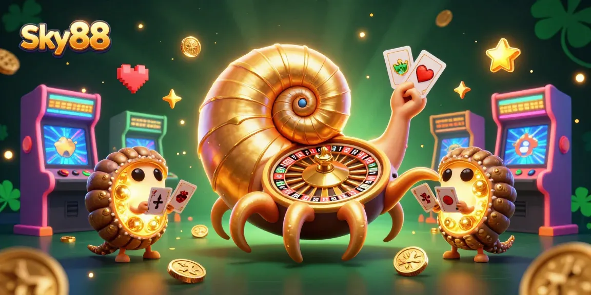Experience thrilling gaming adventures with Sky88, featuring a giant nautilus roulette wheel and vibrant casino elements.