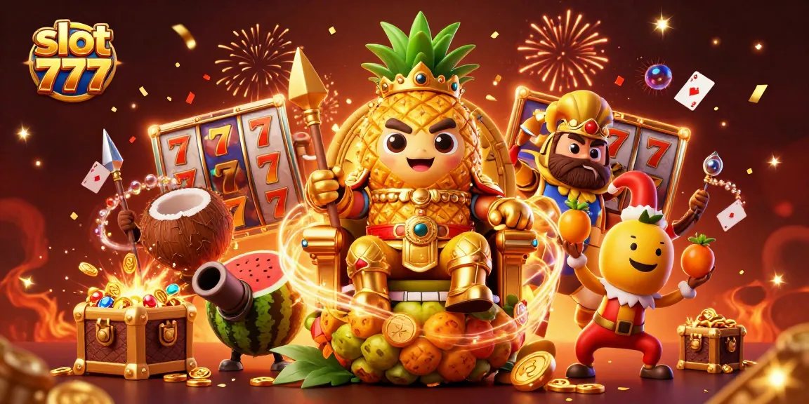 Spin slot 777 with the golden pineapple king in a vibrant casino scene full of treasures.