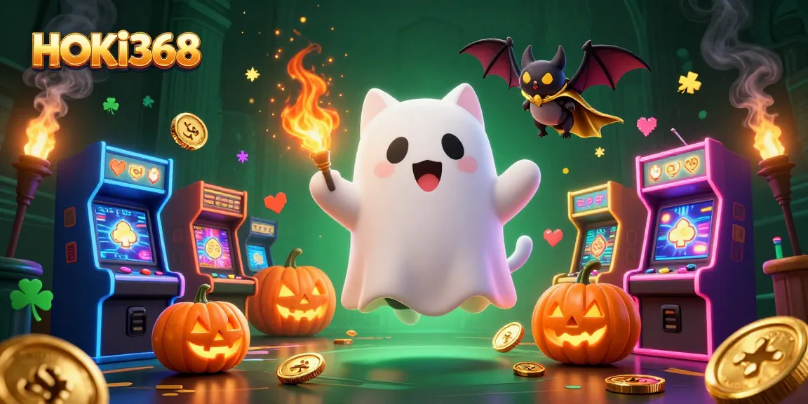 Experience HOKI368 in an engaging haunted casino scene with ghostly characters and vibrant gaming elements.