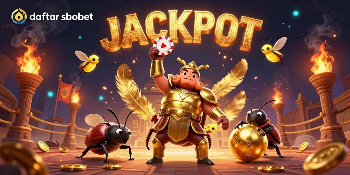 Engage in daftar sbobet excitement with a heroic beetle celebration spelling JACKPOT in a dynamic casino scene.