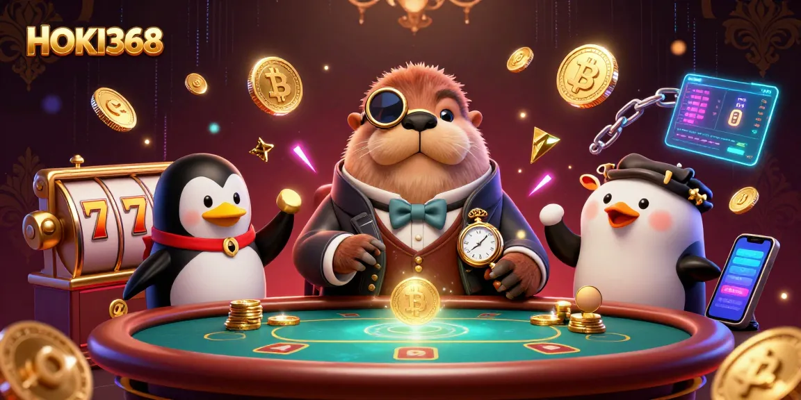 HOKI368 showcases a playful underwater poker scene with a walrus and friends, highlighting slot and crypto elements.