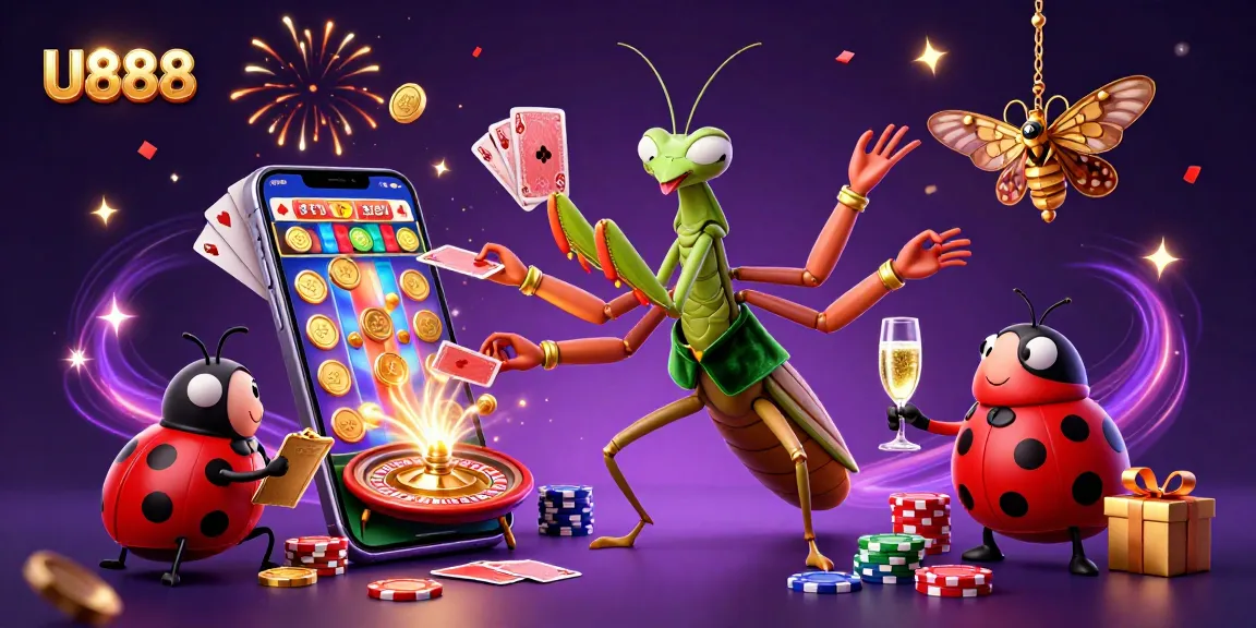 Engage in thrilling U888 gaming with vibrant characters, cards, and dazzling casino elements.