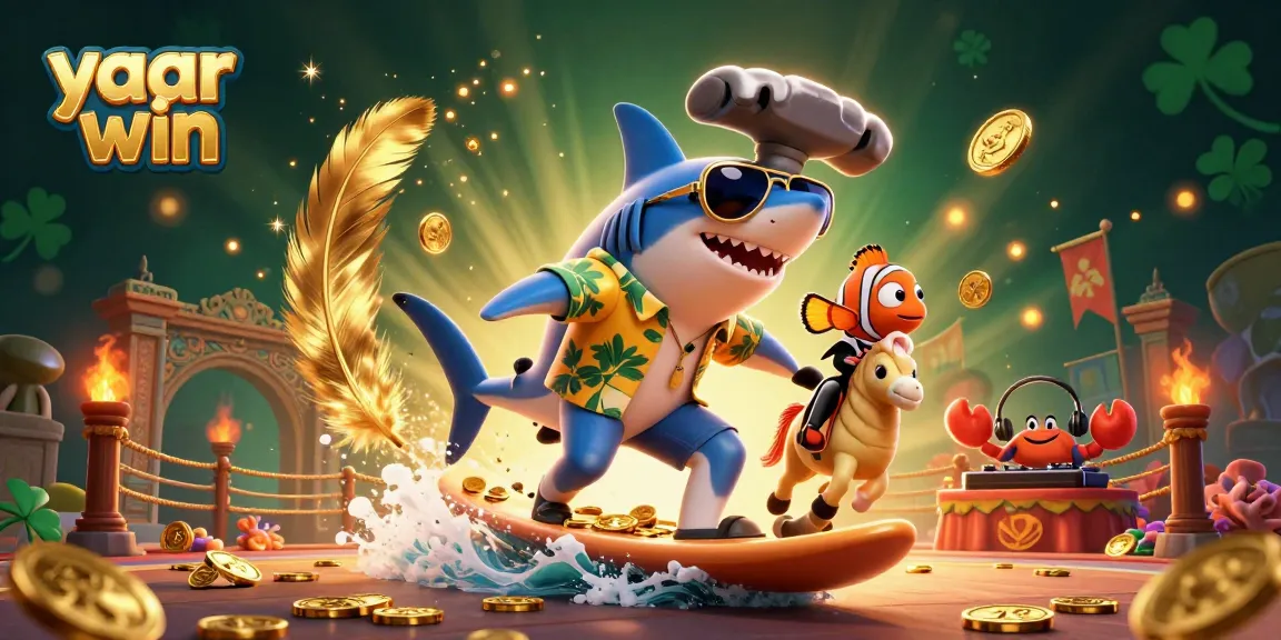 Join the thrilling adventure of yaar win with a surfing shark, tuxedo clownfish, and crab DJ in a vibrant casino scene.