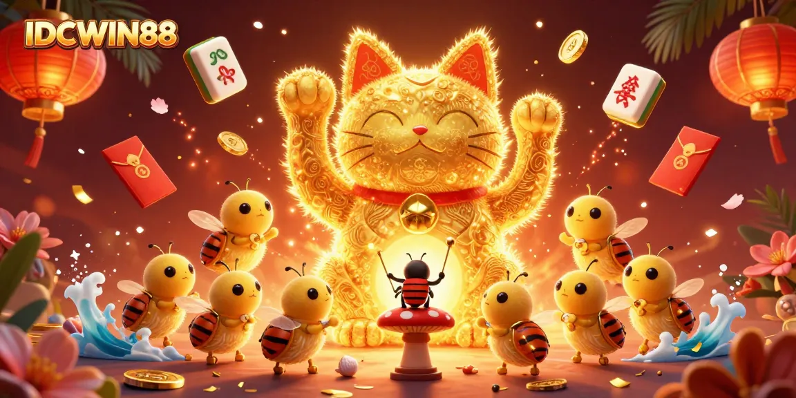 Experience thrilling gameplay at IDCWIN88 with vibrant, dynamic casino elements celebrating luck and fortune.