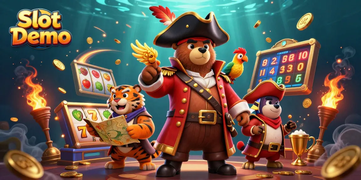 Engage with Slot Demo reels spinning dynamically alongside animated pirate characters for thrilling casino fun.