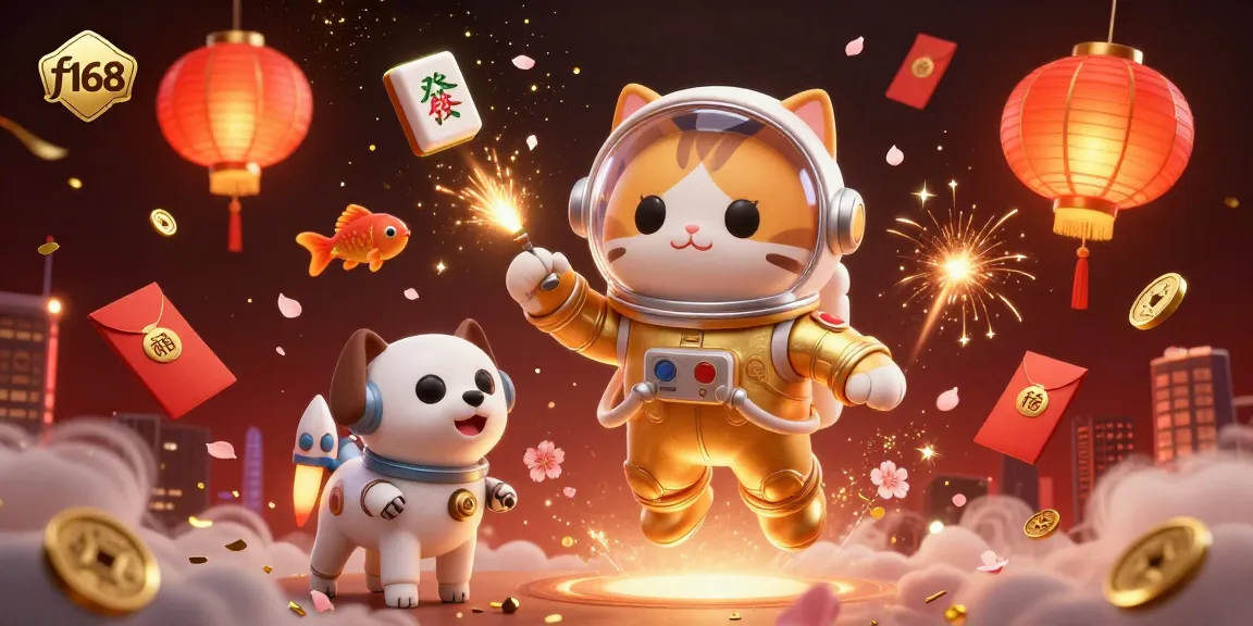 Experience thrilling games at f168 with vibrant visuals of the astronaut cat and casino elements.