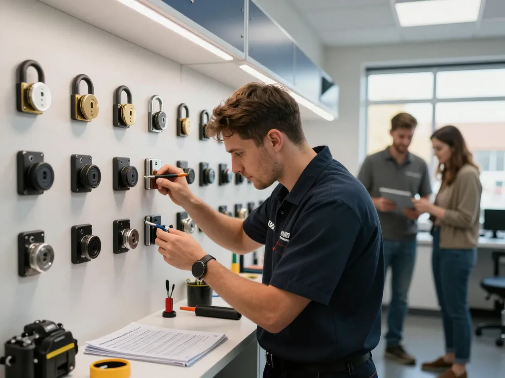 PSL Lock and Key technician demonstrating expert skills in a professional locksmith service center.