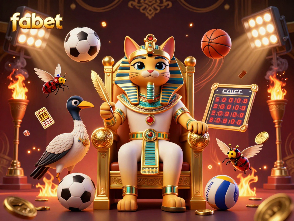 Experience the vibrant energy of fabet with a pharaoh cat and sports elements in this dynamic digital art.