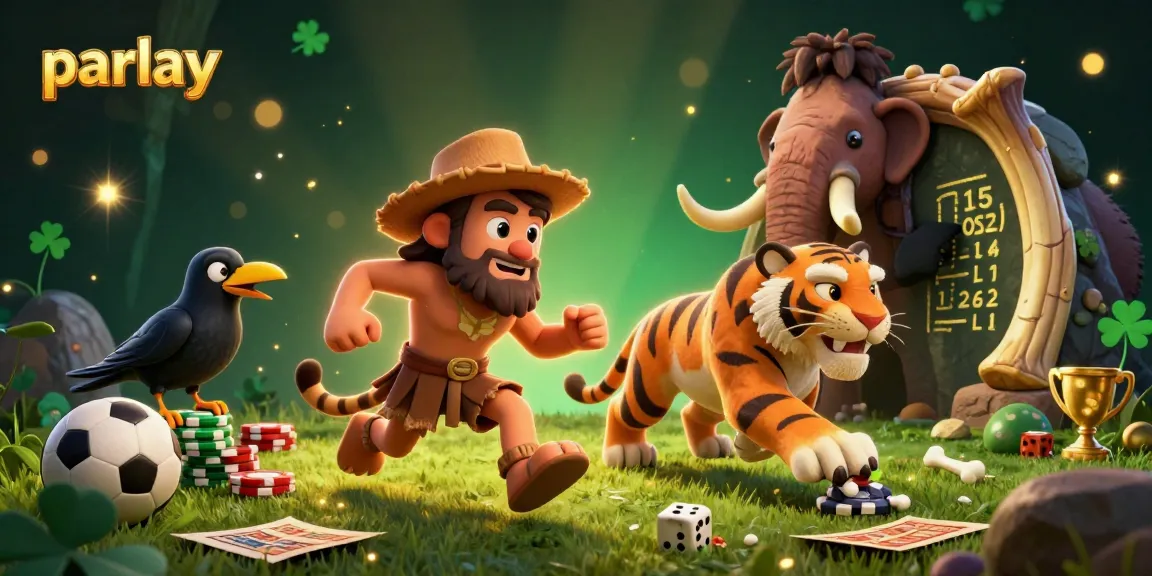 Bet on parlay strategies with a dynamic scene featuring a caveman and tiger running a stone casino.