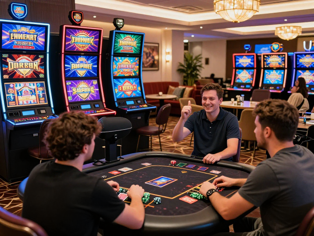 Giocatori in un casinò online non AAMS sicuri mentre interagiscono con il croupier, emozione e colori vivaci nell'ambiente.