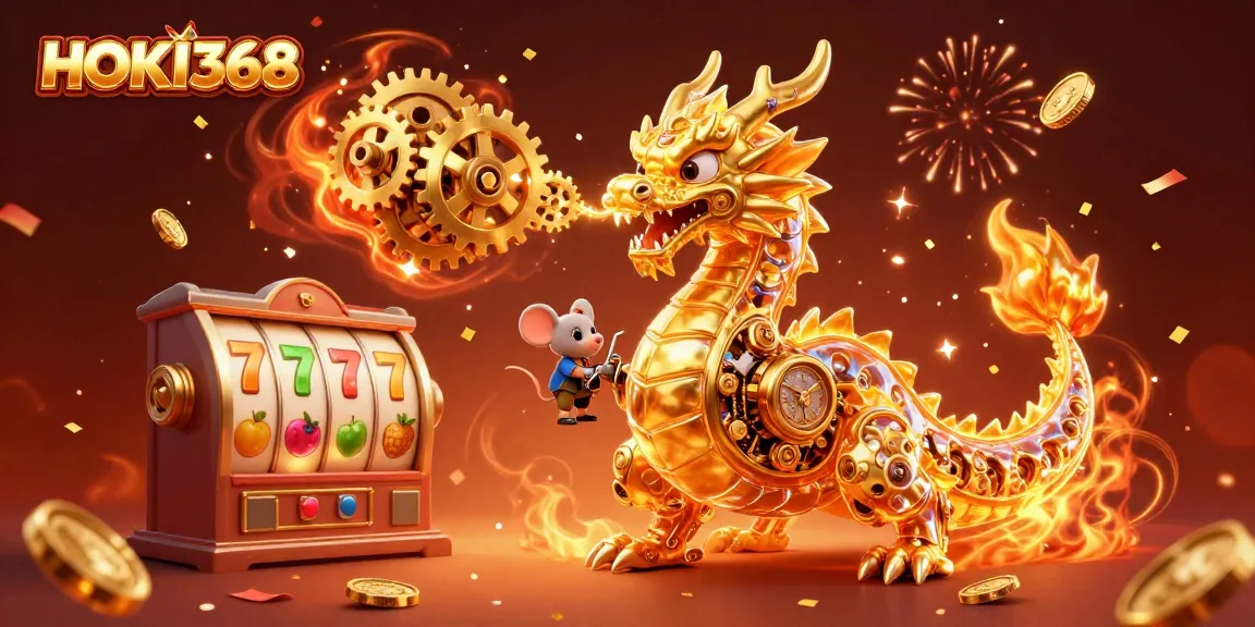 Experience the thrill of HOKI368 with a vibrant slot game scene featuring a golden dragon and festive elements.