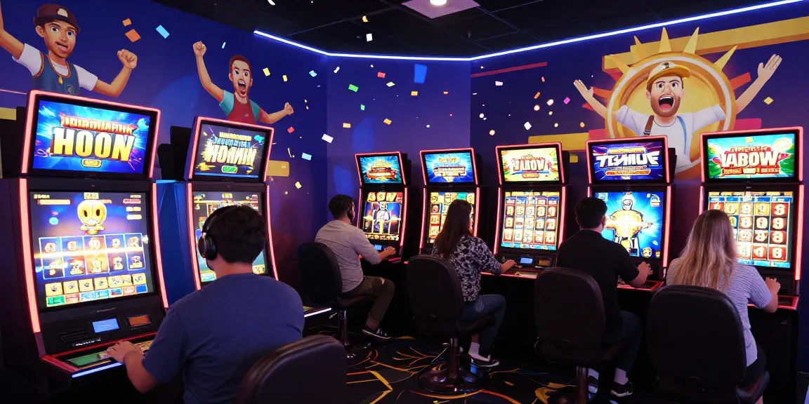 Exciting online casino gaming scene showcasing diverse players engaging with vibrant slot machines, celebrating wins and immersive interactions.