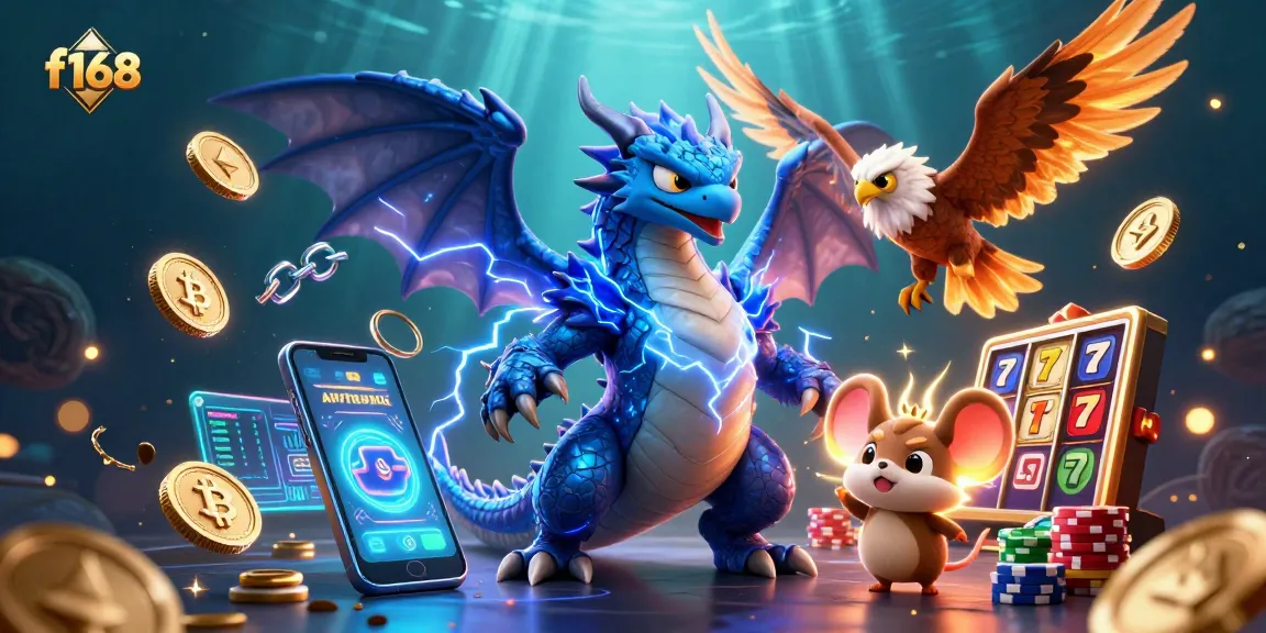 Experience thrilling gameplay at f168 with a powerful dragon, hawk, and mouse amidst exciting casino elements.