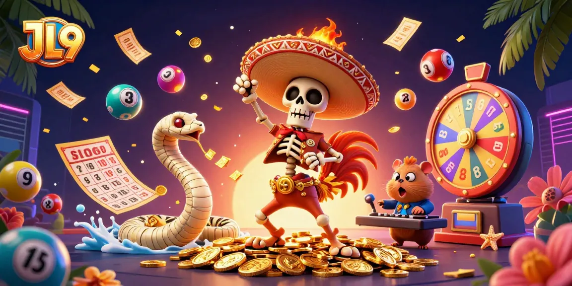 Experience thrilling gaming with JL9's vibrant character illustration featuring dynamic casino elements and festive atmosphere.