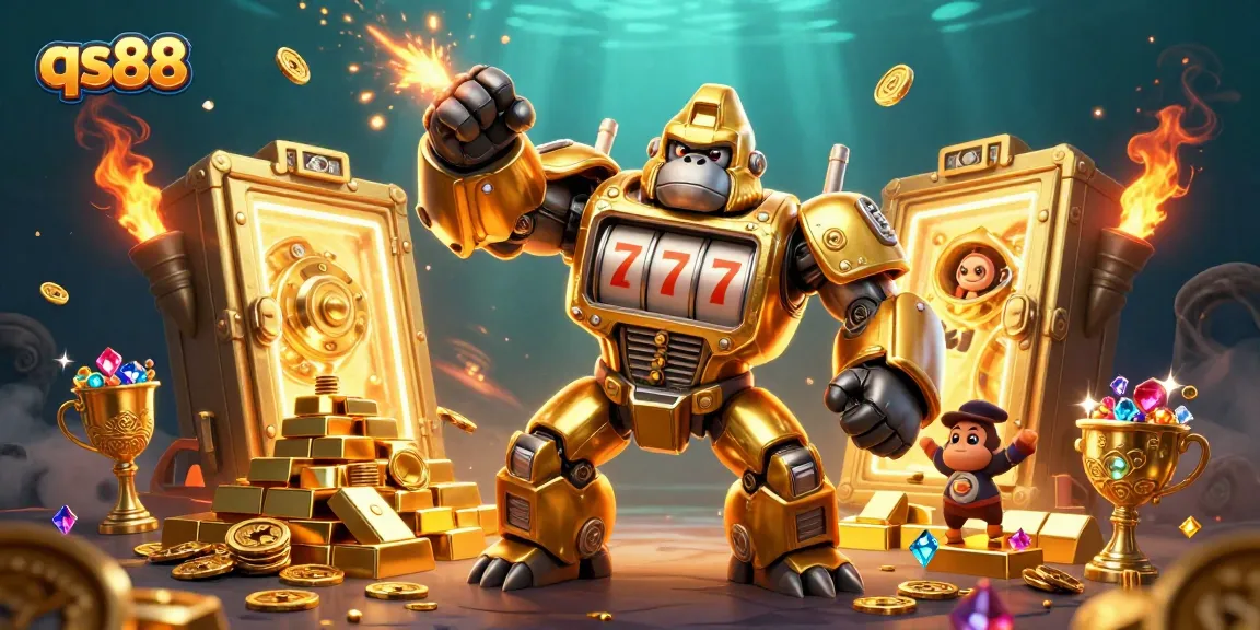 Experience qs88's thrilling rewards with a golden gorilla mech surrounded by treasures and jackpots.
