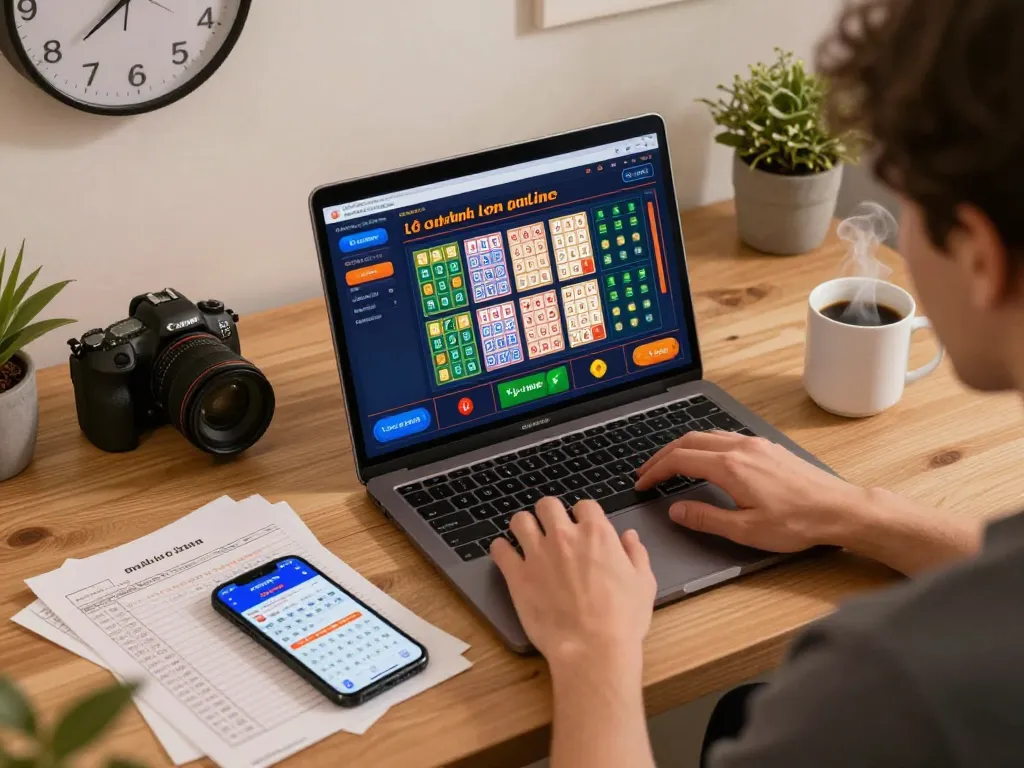Engaging in đánh lô online, a player analyzes their betting options on a laptop in a stylish home setup.