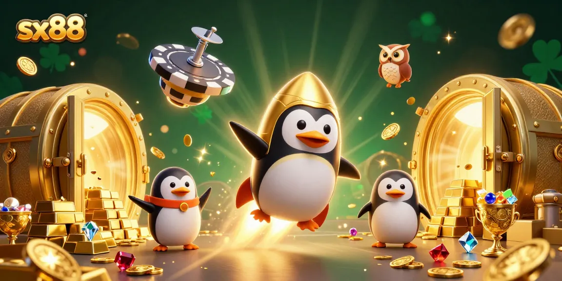 SX88 themed illustration showcasing a golden penguin and casino space station with vibrant treasures