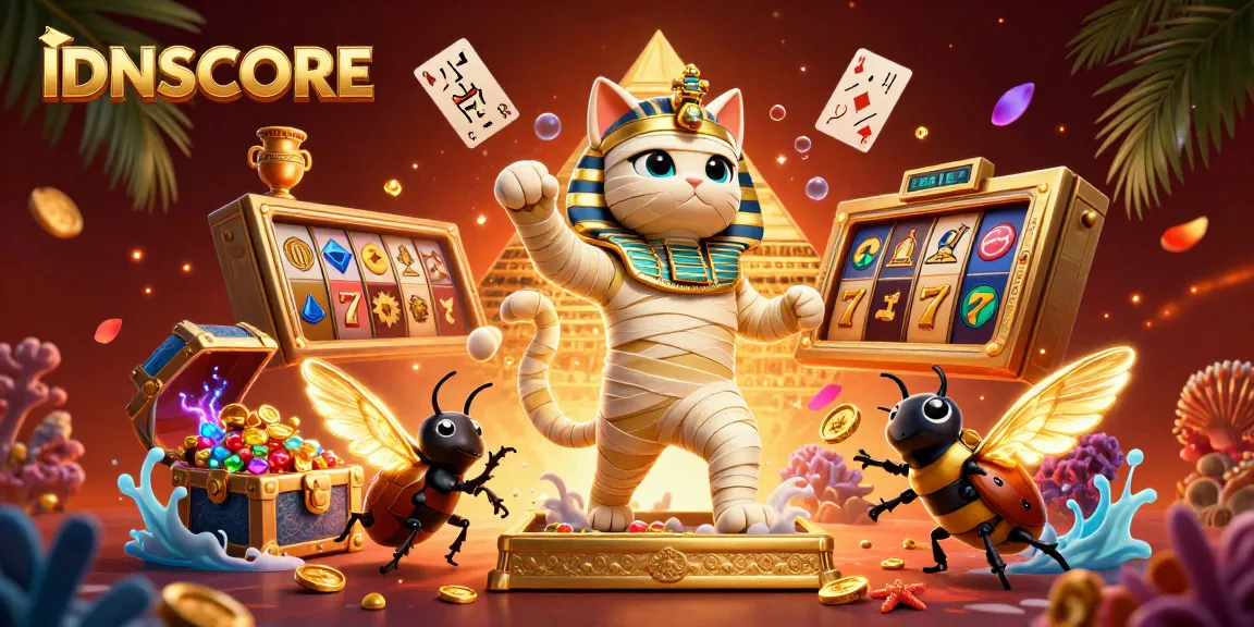 IDNSCORE players aiming for jackpot wins in a vivid Egyptian-themed slot game adventure.