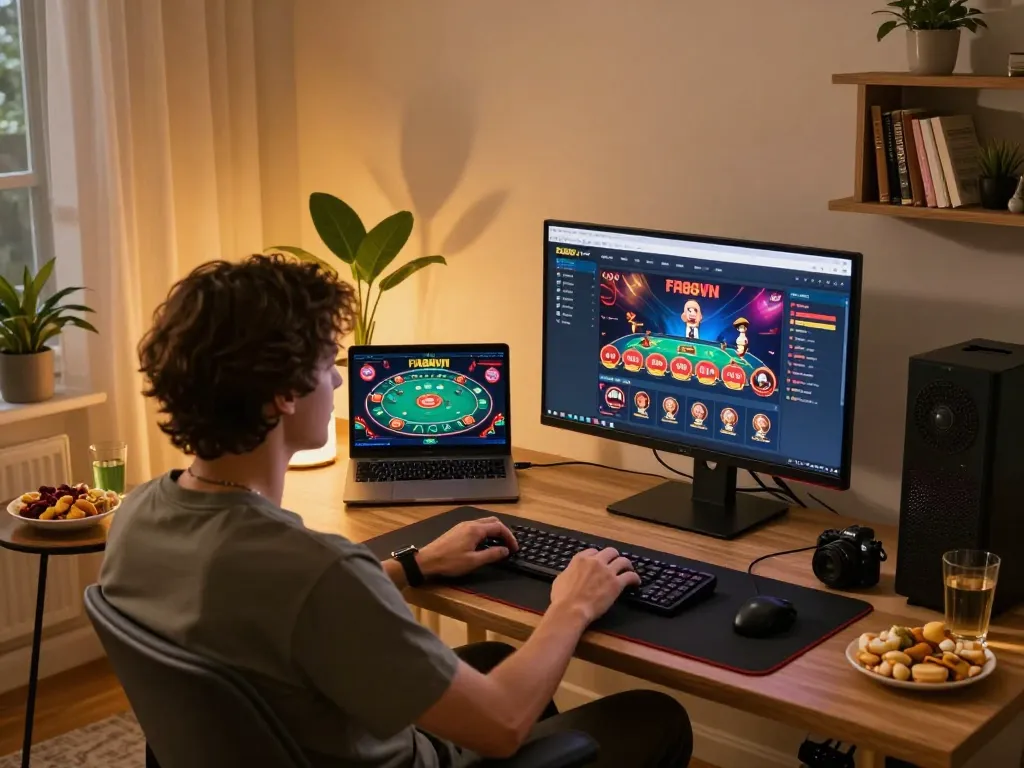 Engaged player using FA88VN online casino app on a sleek desktop, showcasing strategic gameplay.