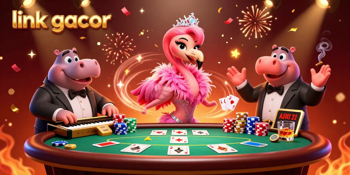 Experience a lively scene featuring the link gacor with dynamic casino characters and poker elements.