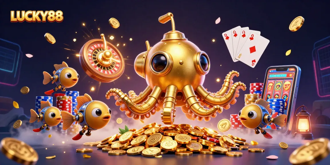Experience exciting LUCKY88 gaming with a dynamic scene of casino thrills and vibrant characters.