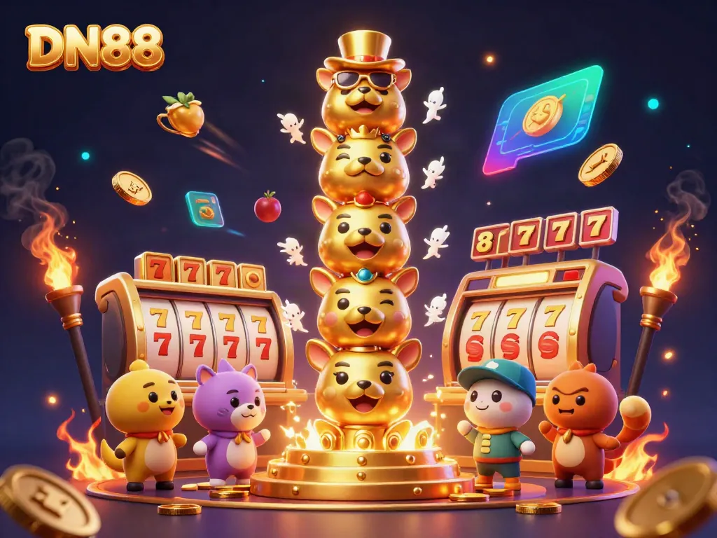 Engage with DN88's vibrant casino experience featuring a dynamic scene of winning slots.