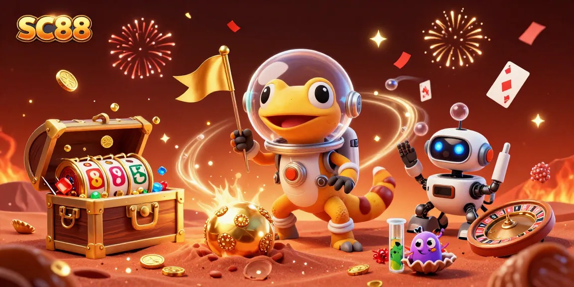 Engage with SC88 as a Martian gecko discovers a golden casino in a vibrant space illustration.