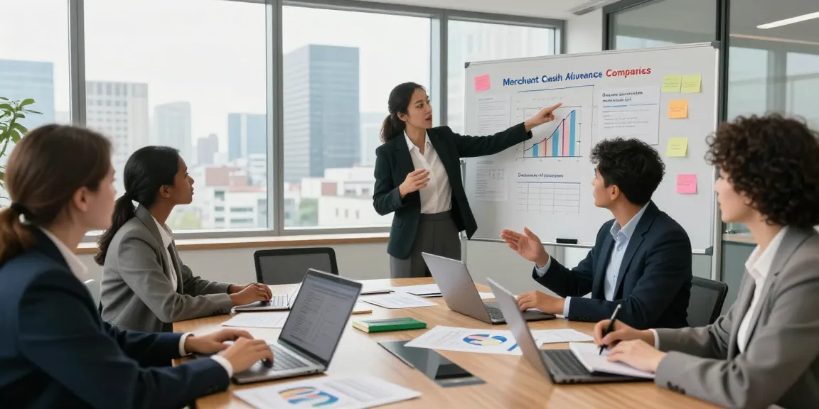 Business meeting discussing merchant cash advance companies with professionals analyzing financial reports.