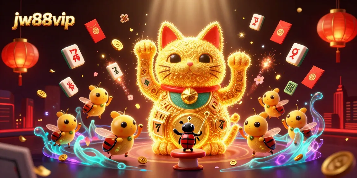 Win big with jw88vip, a vibrant illustration showcasing a dynamic casino scene featuring lucky cat elements.