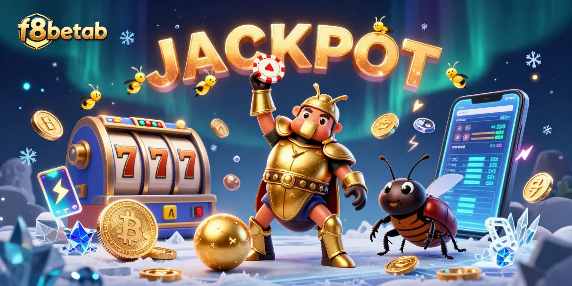 A 3D cartoon illustration showcasing f8betab with a heroic beetle lifting a poker chip, surrounded by slot elements and crypto coins.