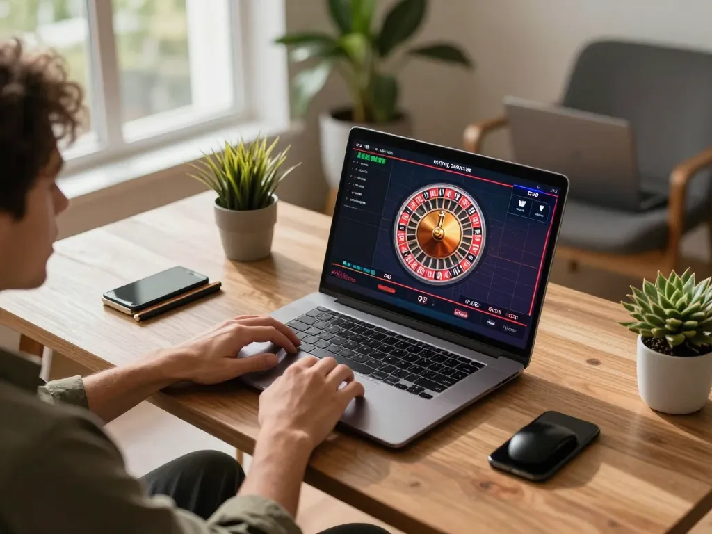 Engaged player at XX88 online casino, enjoying live roulette from a cozy home office.