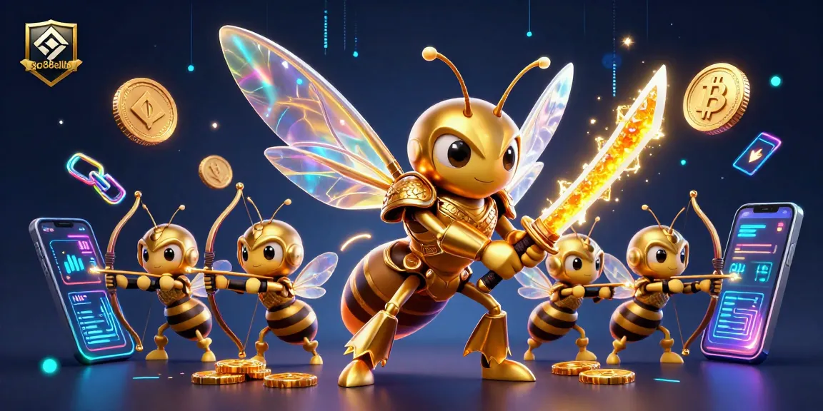 Engage with the vibrant go88elite cartoon scene showcasing a golden hornet warrior and bee archers amidst glowing crypto elements.
