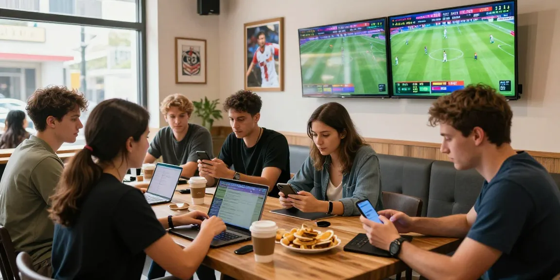 https://soikeonhacai.com.co/ sports betting scene with friends discussing strategies over coffee and live matches displayed on screens.