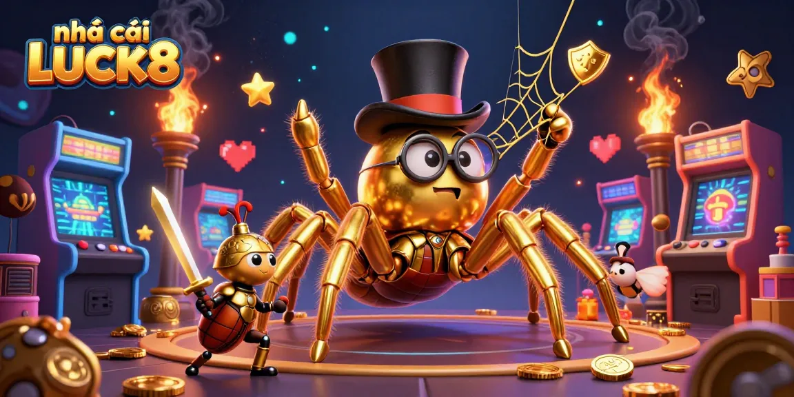 Engage with the vibrant world of nhà cái LUCK8 featuring a 3D golden tarantula and beetle knight amidst interactive casino themes.